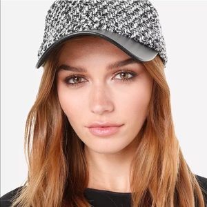 BEBE TWEED LOGO FAUX LEATHER BILL BASEBALL CAP